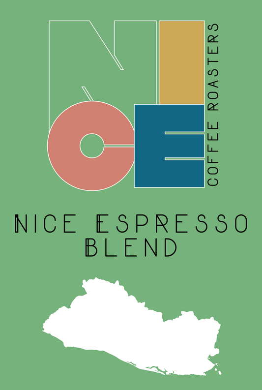 Nice Coffee Roasters Logo in green, yellow, rose, and blue. Nice Espresso Blend. Image of El Salvador in white. Green background.