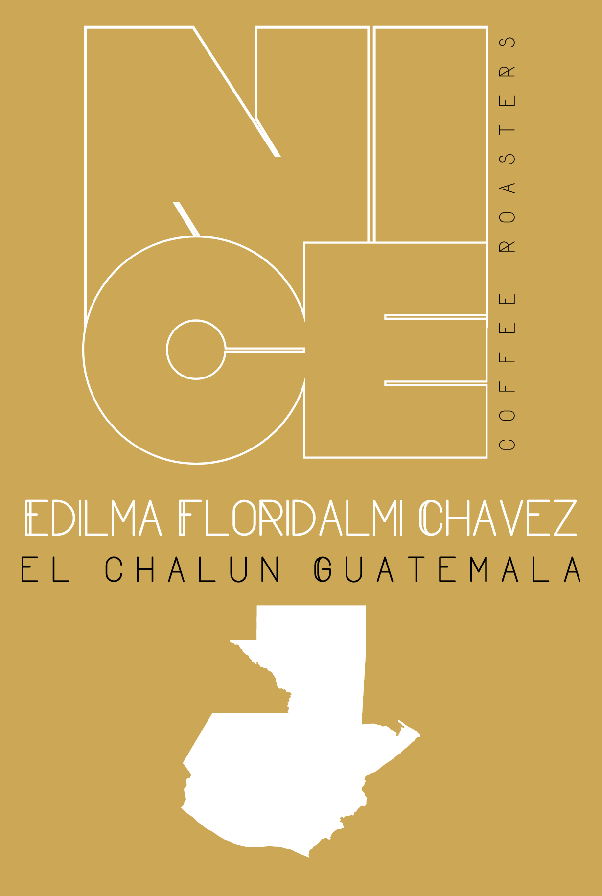 Nice Coffee Roasters logo. Edilma Floridalmi Chavez. El  Chalun Guatemala. Image of Guatemala the Country in white. Yellow background.