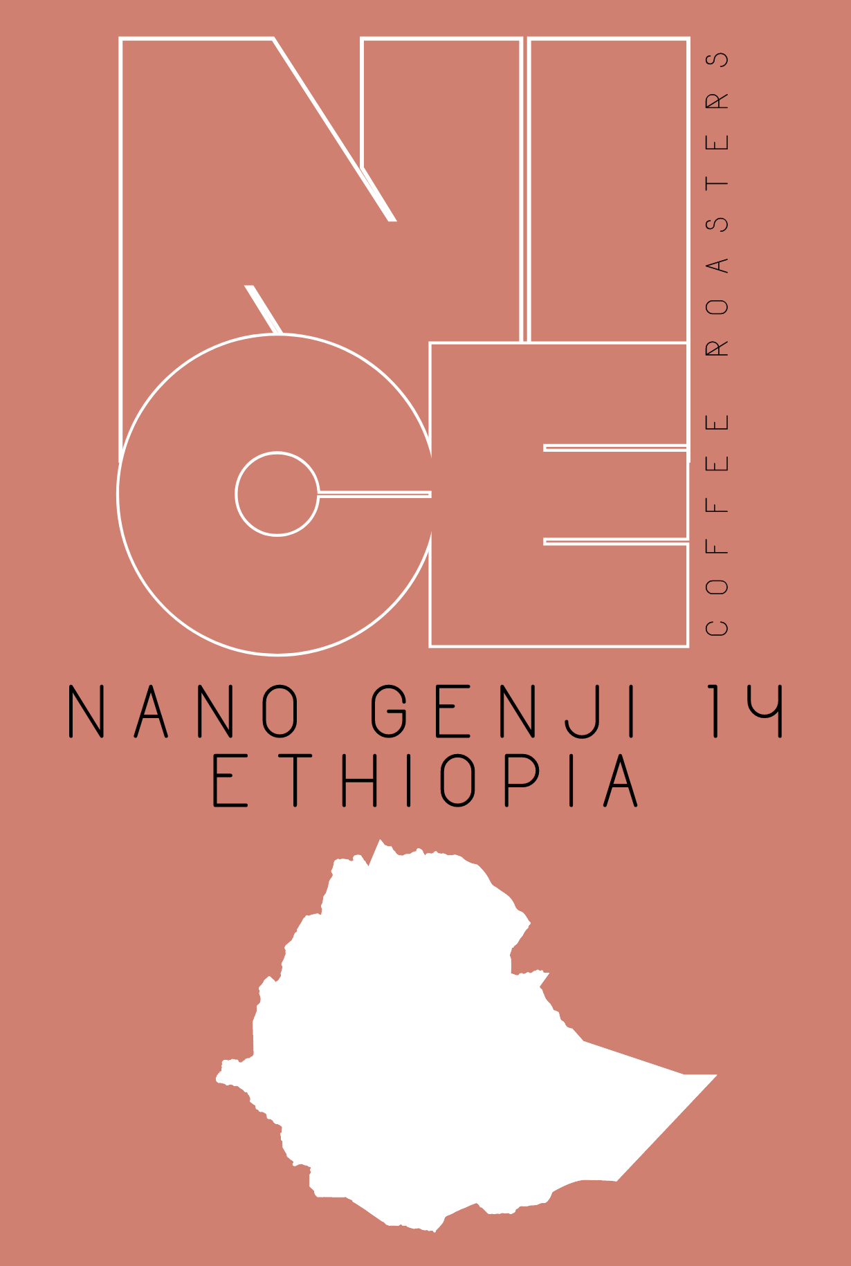 Nice Coffee Roasters Logo. Nano Genji 14 Ethiopia. Image of Ethiopia in white. Rose background.