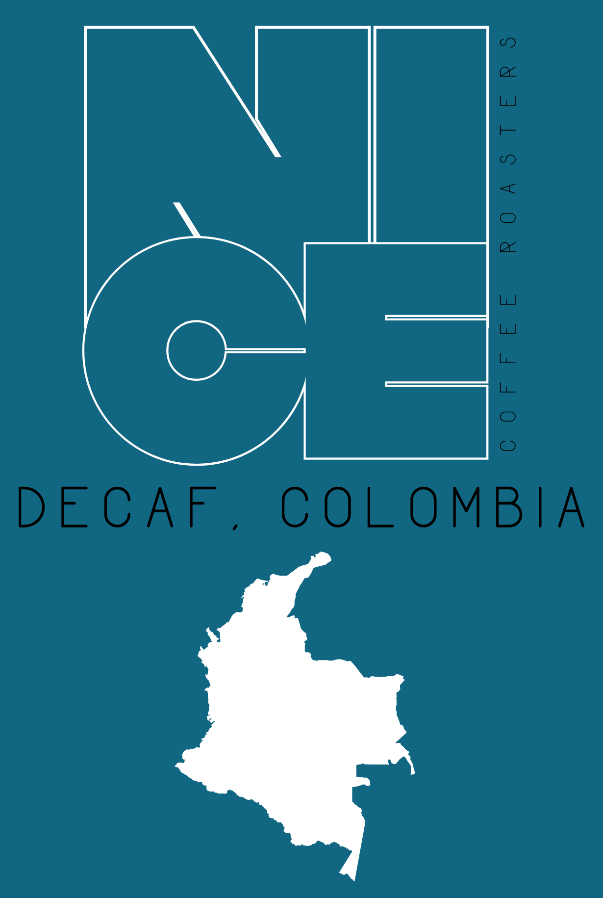 Nice Coffee Roasters logo. Decaf, Colombia. Image of Colombia the country in white. Blue background.