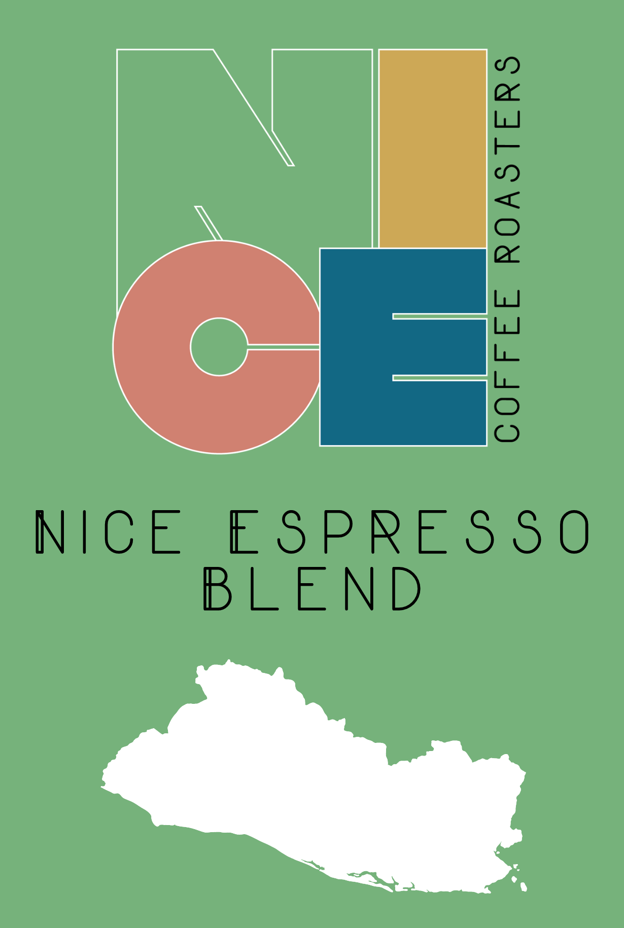 Nice Coffee Roasters Logo in green, yellow, rose, and blue. Nice Espresso Blend. Image of El Salvador in white. Green background.